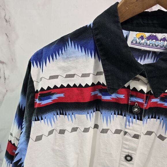Alamosa Western Shirt Womens Large Black Blue Red Button Up Aztec Southwest - Picture 2 of 14